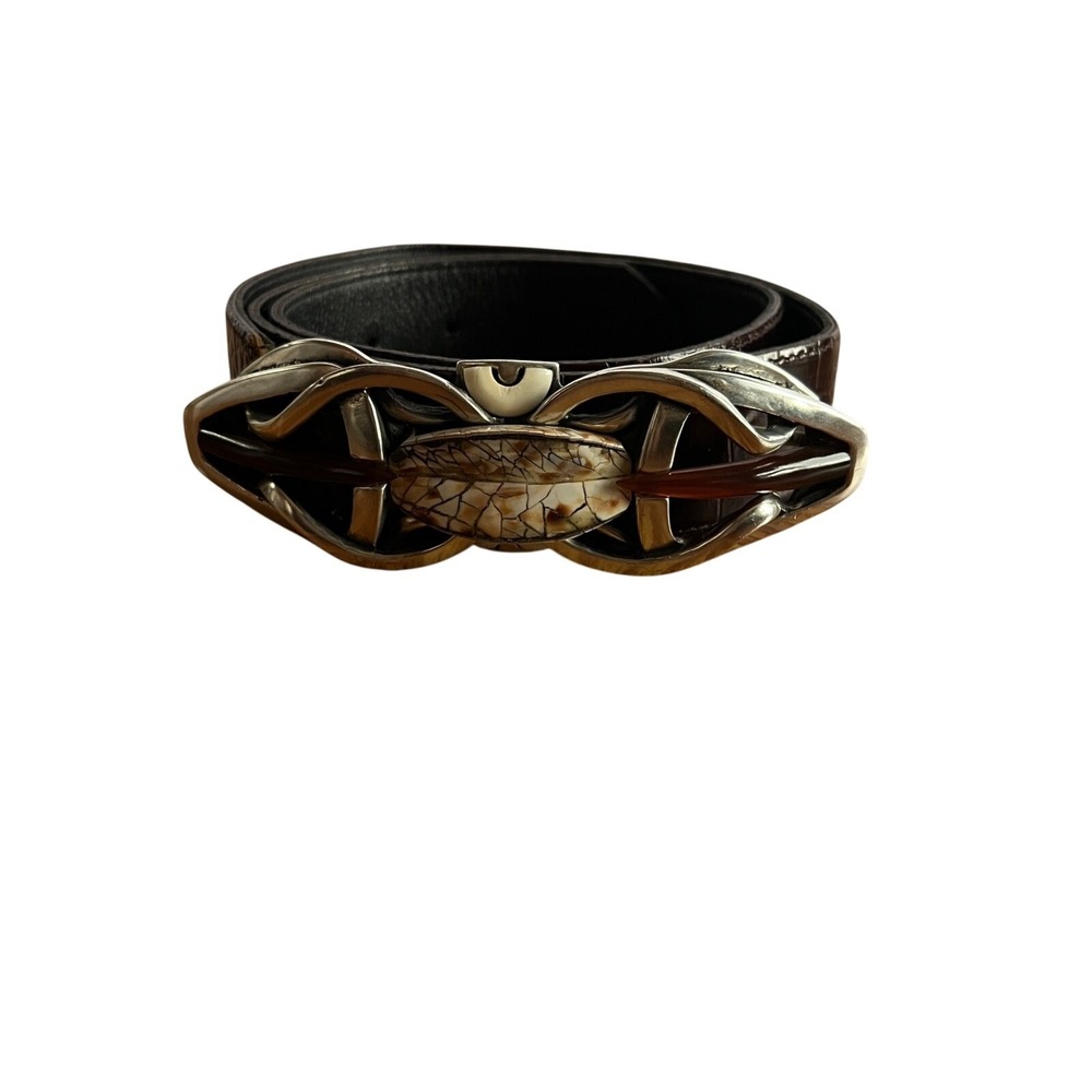 Connie Bates Farenheit Brown Leather Belt Semi Precious Stones 28"-35" Statement